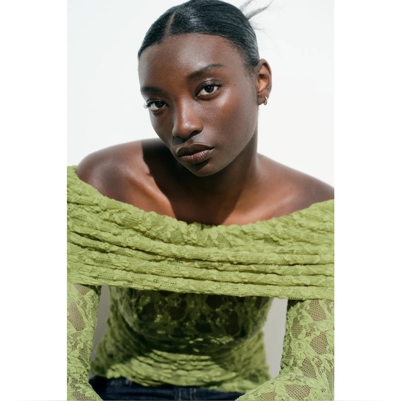 ZARA Off-Shoulder Pistachio Lace Top — Semi Sheer, Ruched, (Sz M, Fits S) - Picture 4 of 10